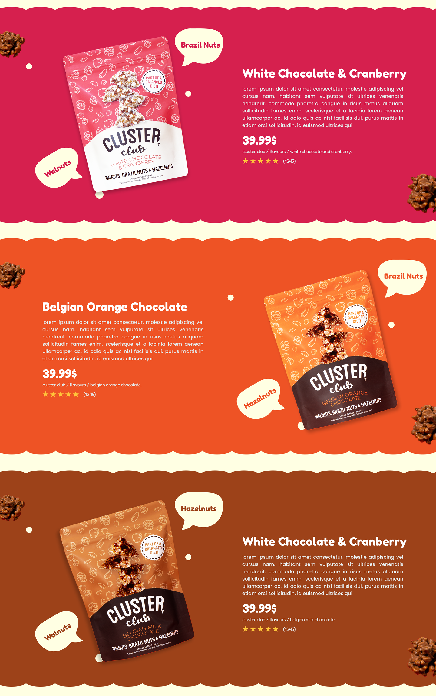 Cluster Club product pages — three flavour bands stacked vertically