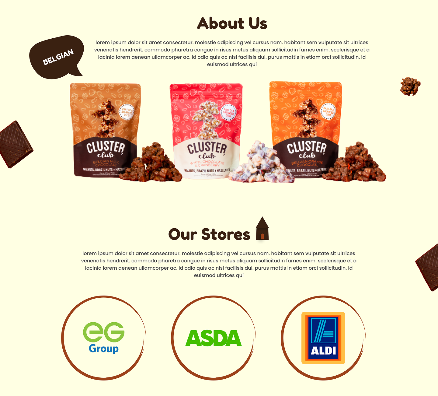 About Us section showing all three product bags, and Our Stores with retailer logos