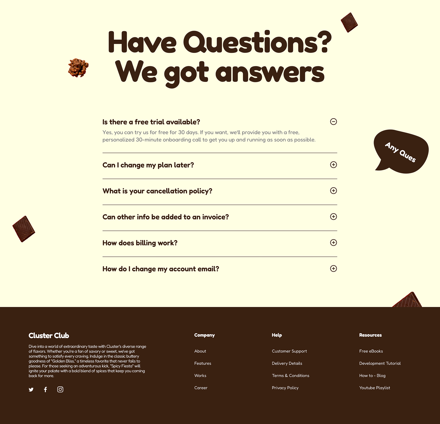 FAQ accordion section with footer below
