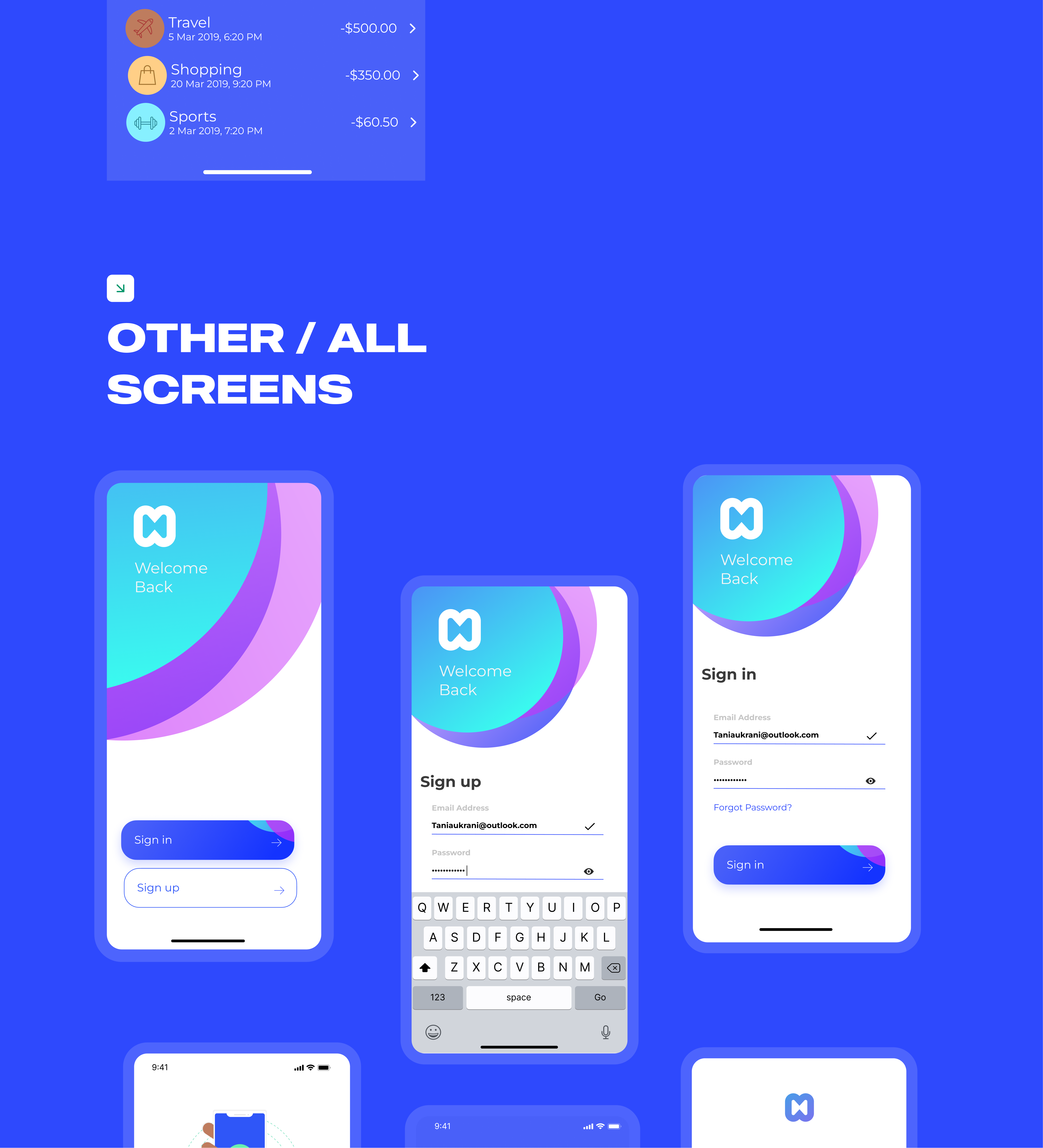 Welcome back, sign up, and sign in screens shown side-by-side