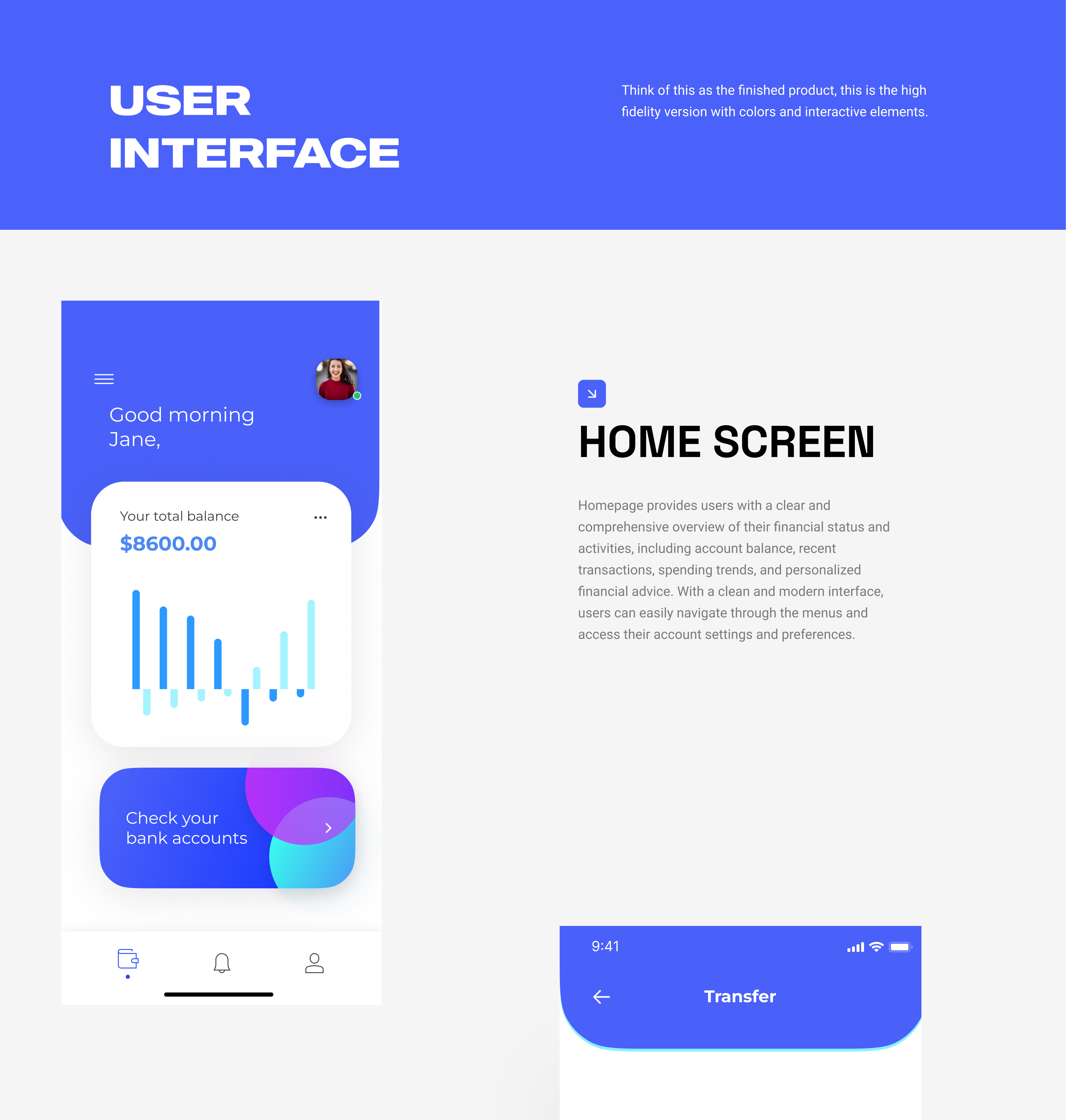 User interface — home screen with balance card, chart and primary CTA