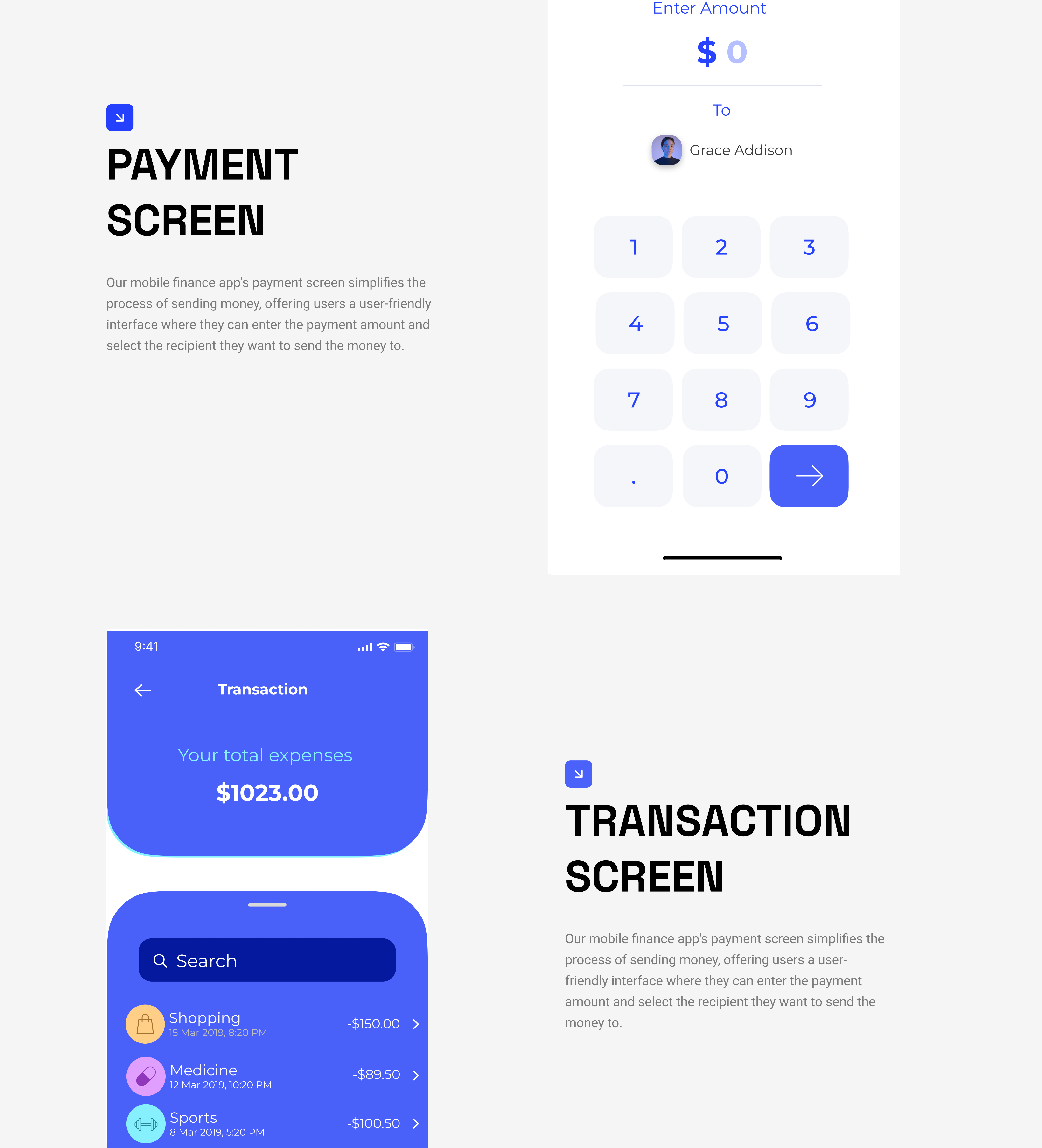 Payment screen with numeric keypad, and transaction screen with expense list