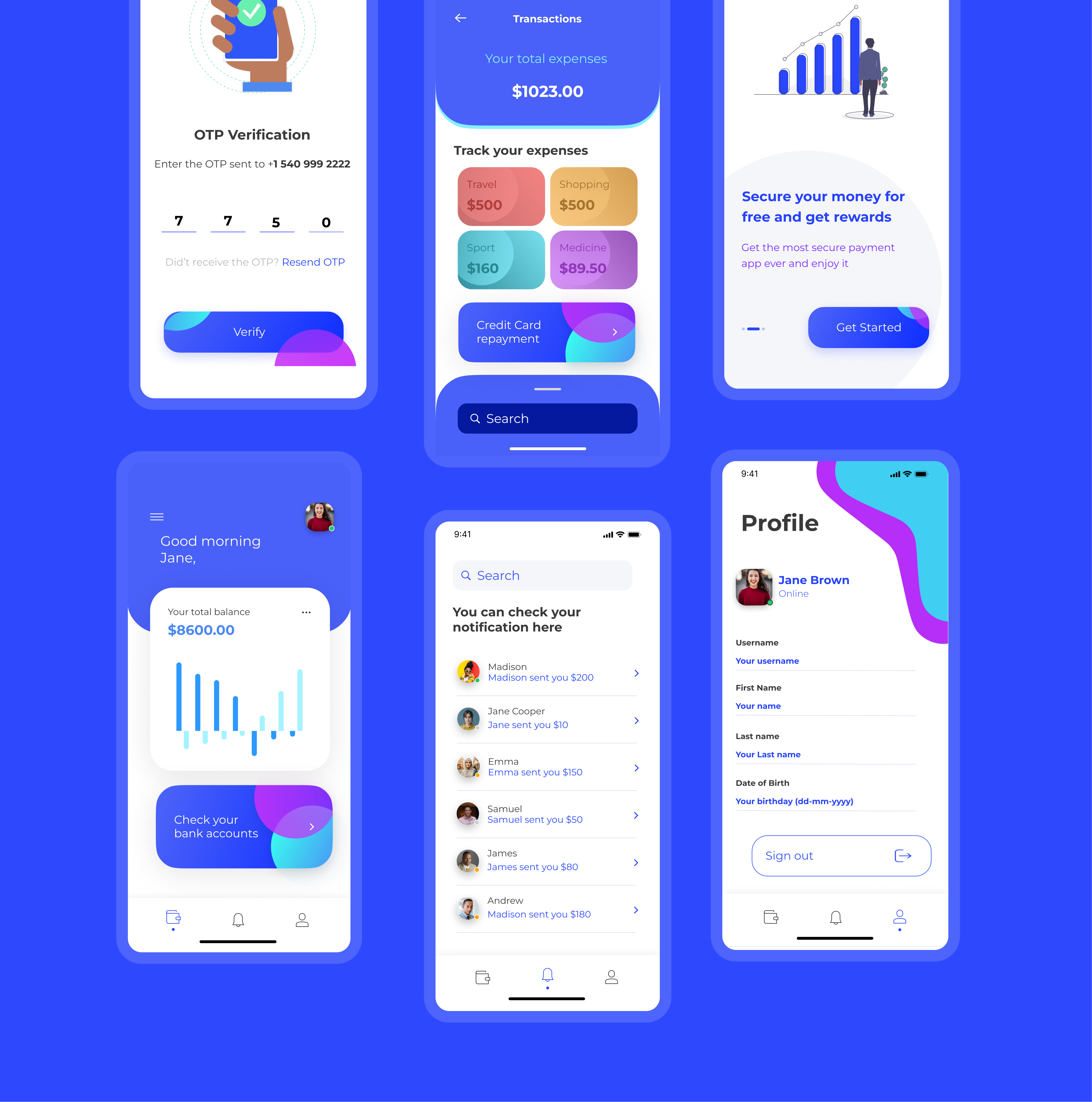 OTP verification, expense tracking, secure-rewards, dashboard, notifications, and profile screens