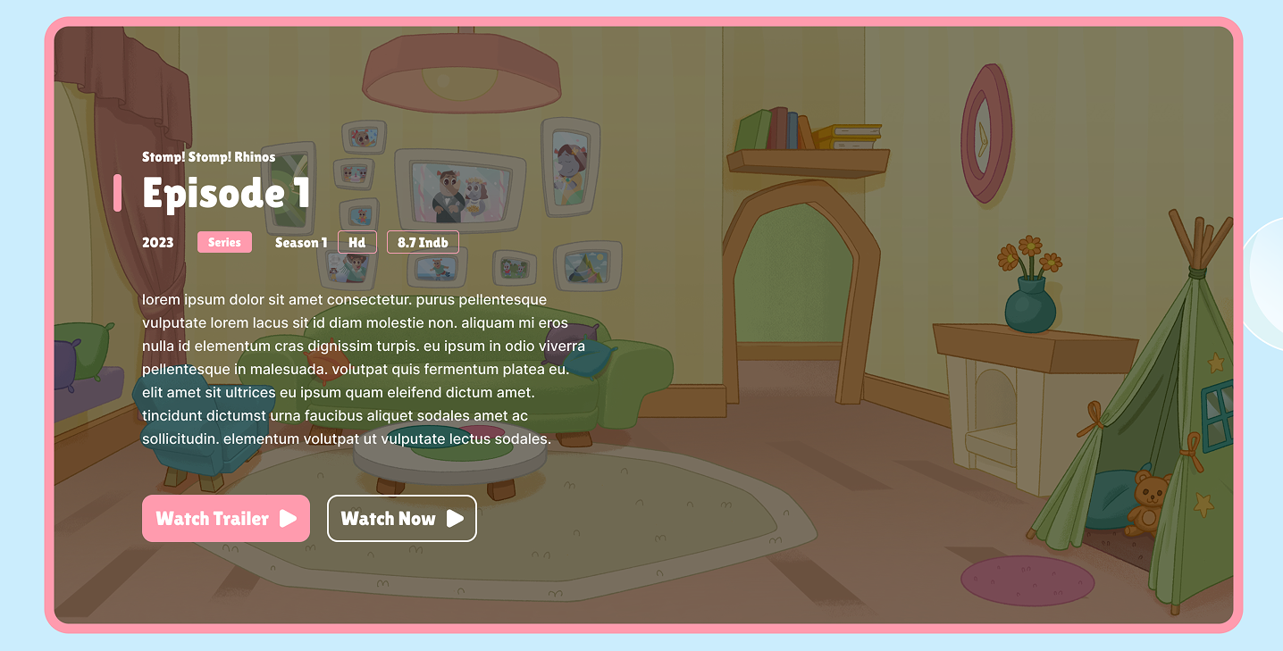 Featured Episode 1 block — Stomp! Stomp! Rhinos with Watch Trailer and Watch Now buttons